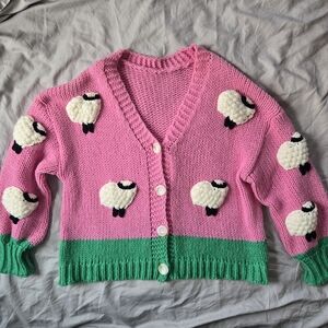 Cider Fun Novelty Chunky Knit Sheep Sweater 1X Easter Spring Pink And Green